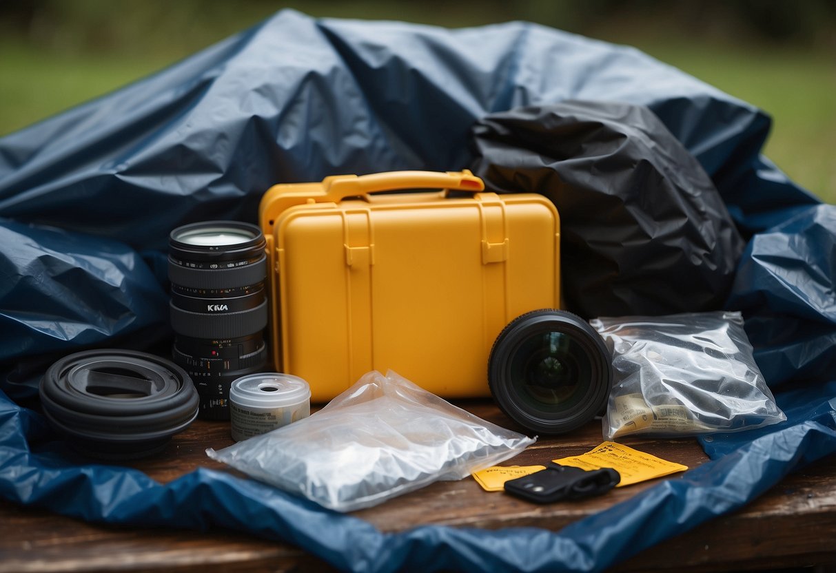 A birdwatcher's gear lies protected under a waterproof tarp, surrounded by moisture-absorbing silica gel packets and sealed in a dry bag to prevent any water damage