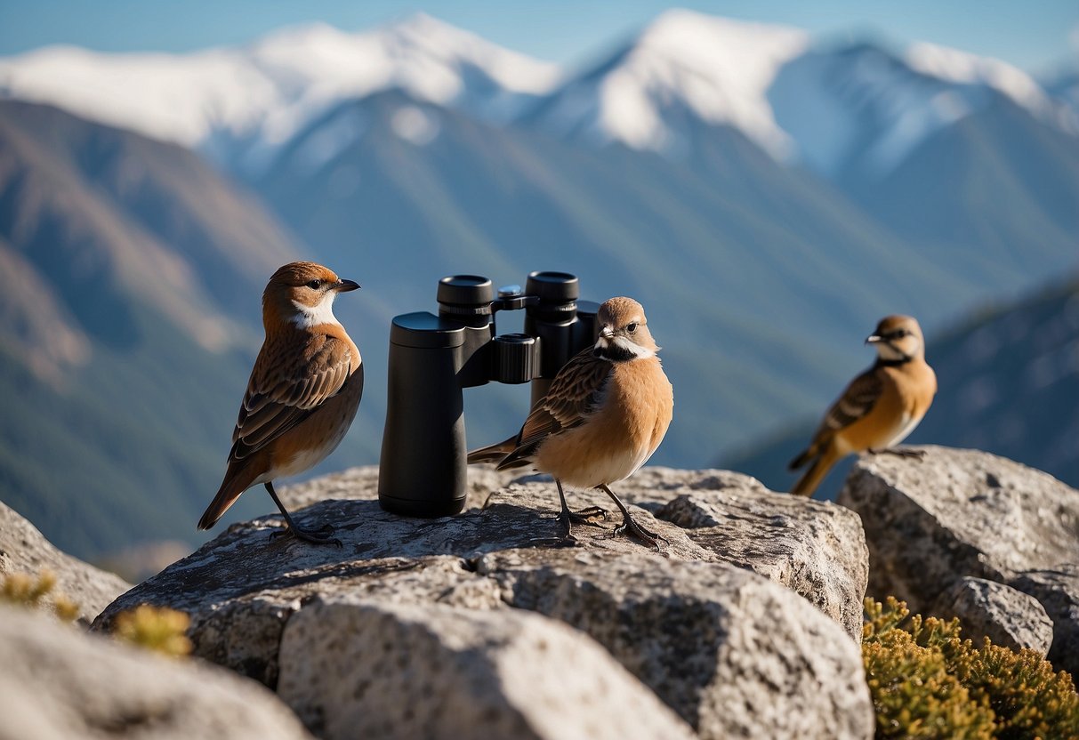 Birds perched on rocky cliffs, soaring through clear blue skies. Snow-capped peaks in the background. Binoculars and hiking gear scattered nearby