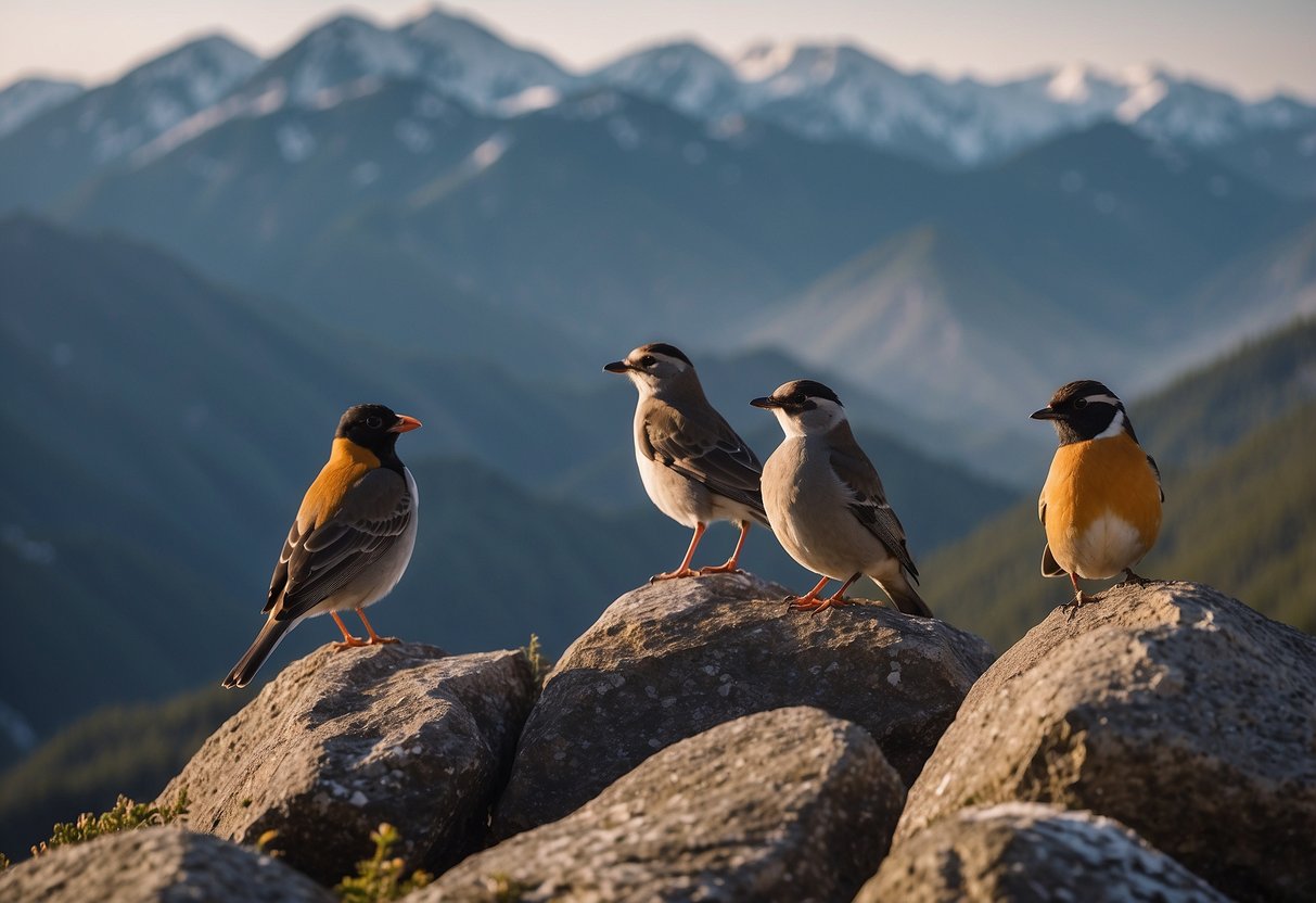 Birds perched on rocky mountain ledge, surrounded by layers of mist and snow-capped peaks. Binoculars and birdwatching gear scattered nearby