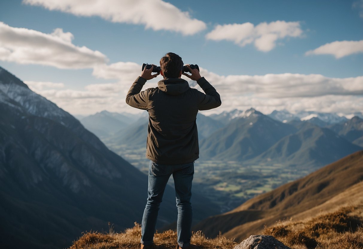 A person uses windproof binoculars to spot birds in high altitudes. The wind blows through the mountain peaks as the observer scans the sky