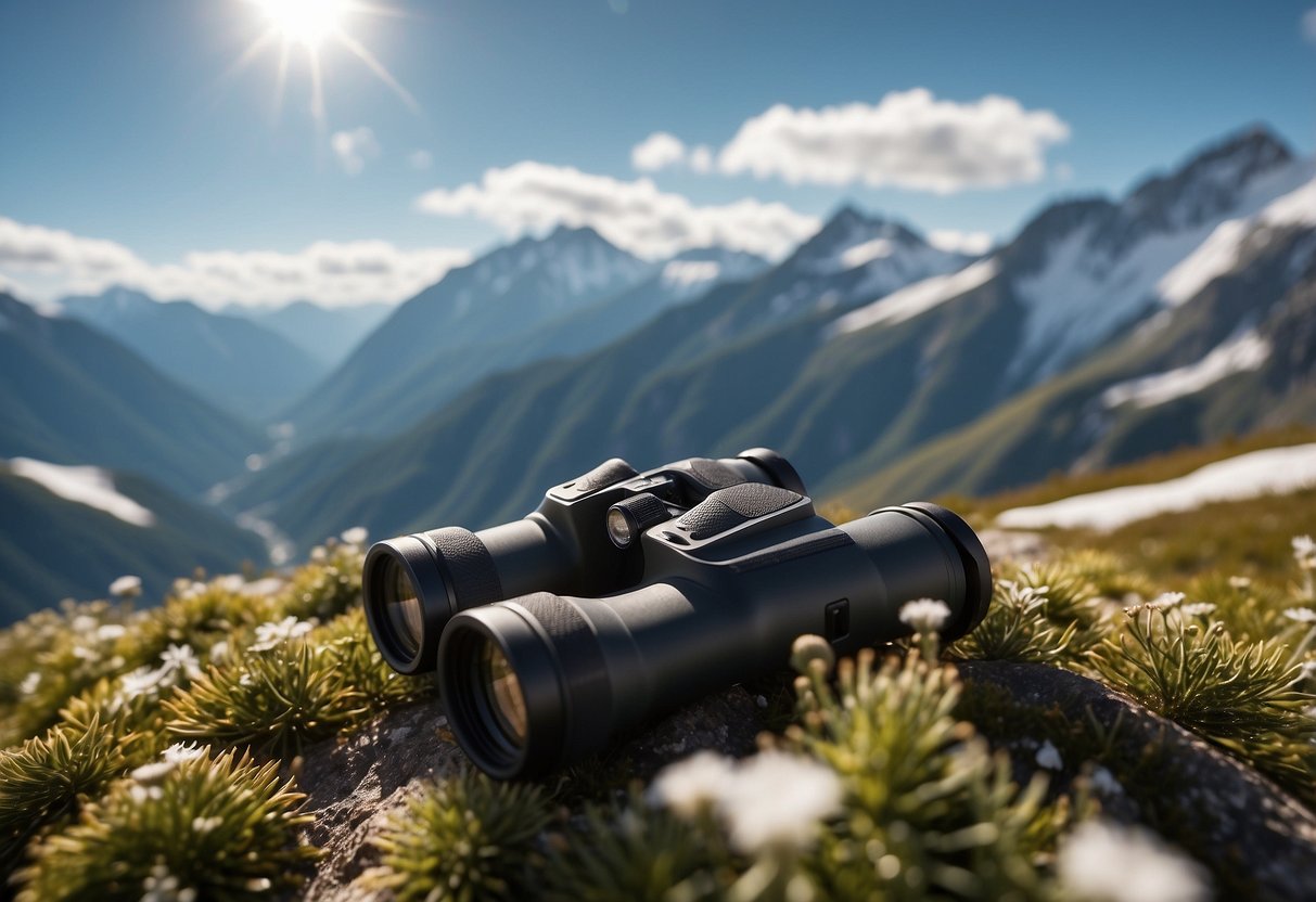 Birds soar above snow-capped peaks. Alpine flora surrounds a pair of binoculars and a field guide. The air is thin and crisp, with distant calls echoing through the mountain pass