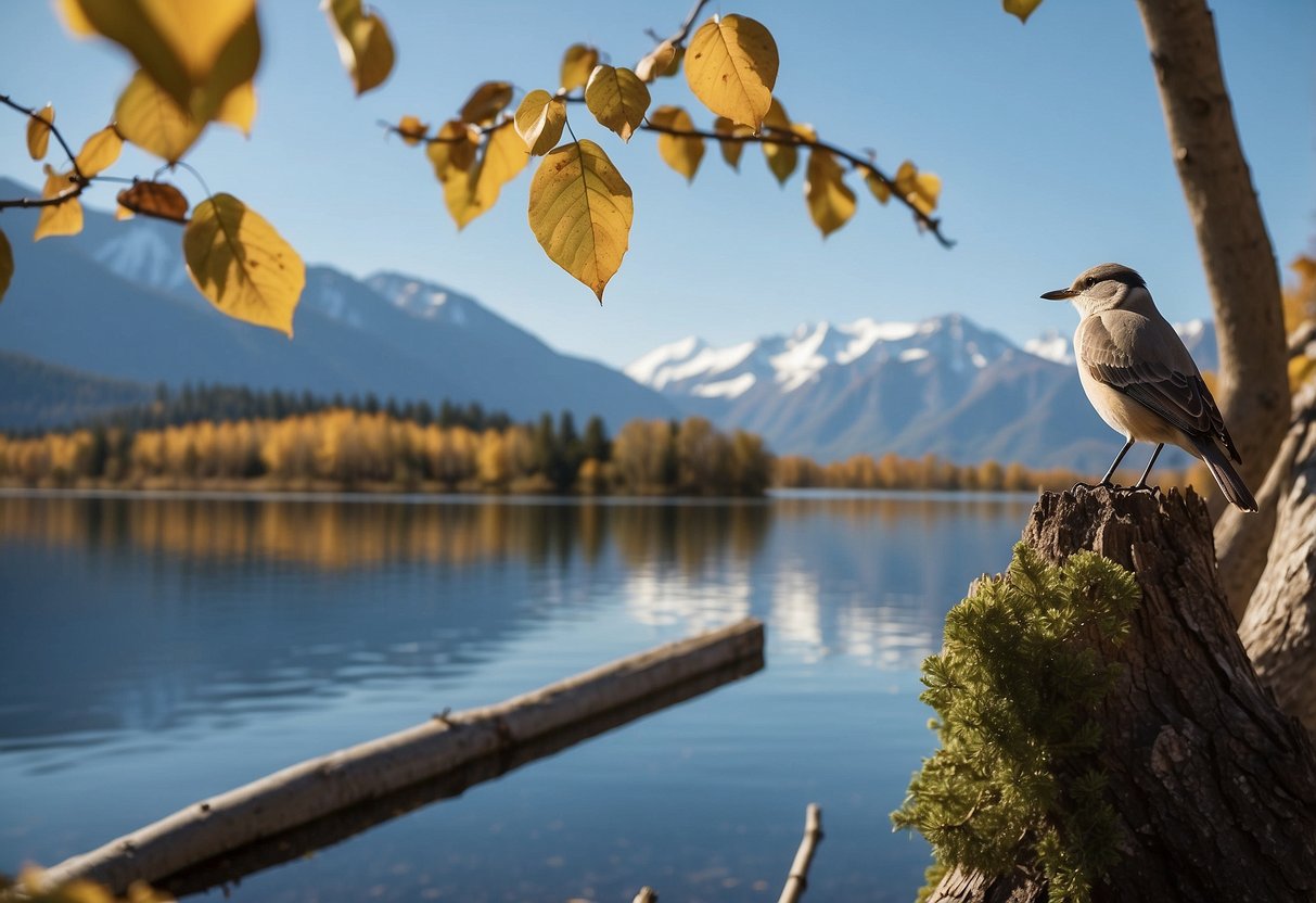 Birdwatching scene at high altitude: Clear blue sky, snow-capped mountains in the distance, a tranquil lake, and a variety of colorful birds perched on tree branches