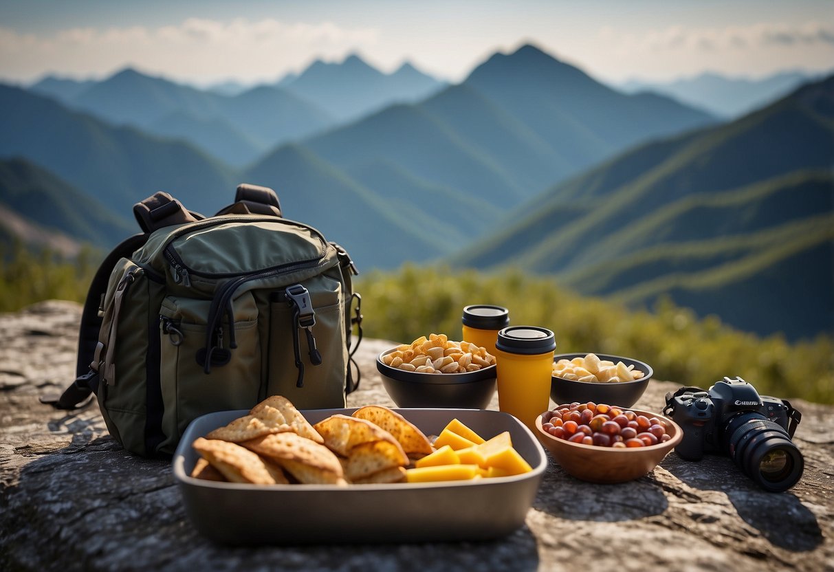 High-energy snacks packed in a backpack, binoculars hanging from a strap, a mountain peak in the background