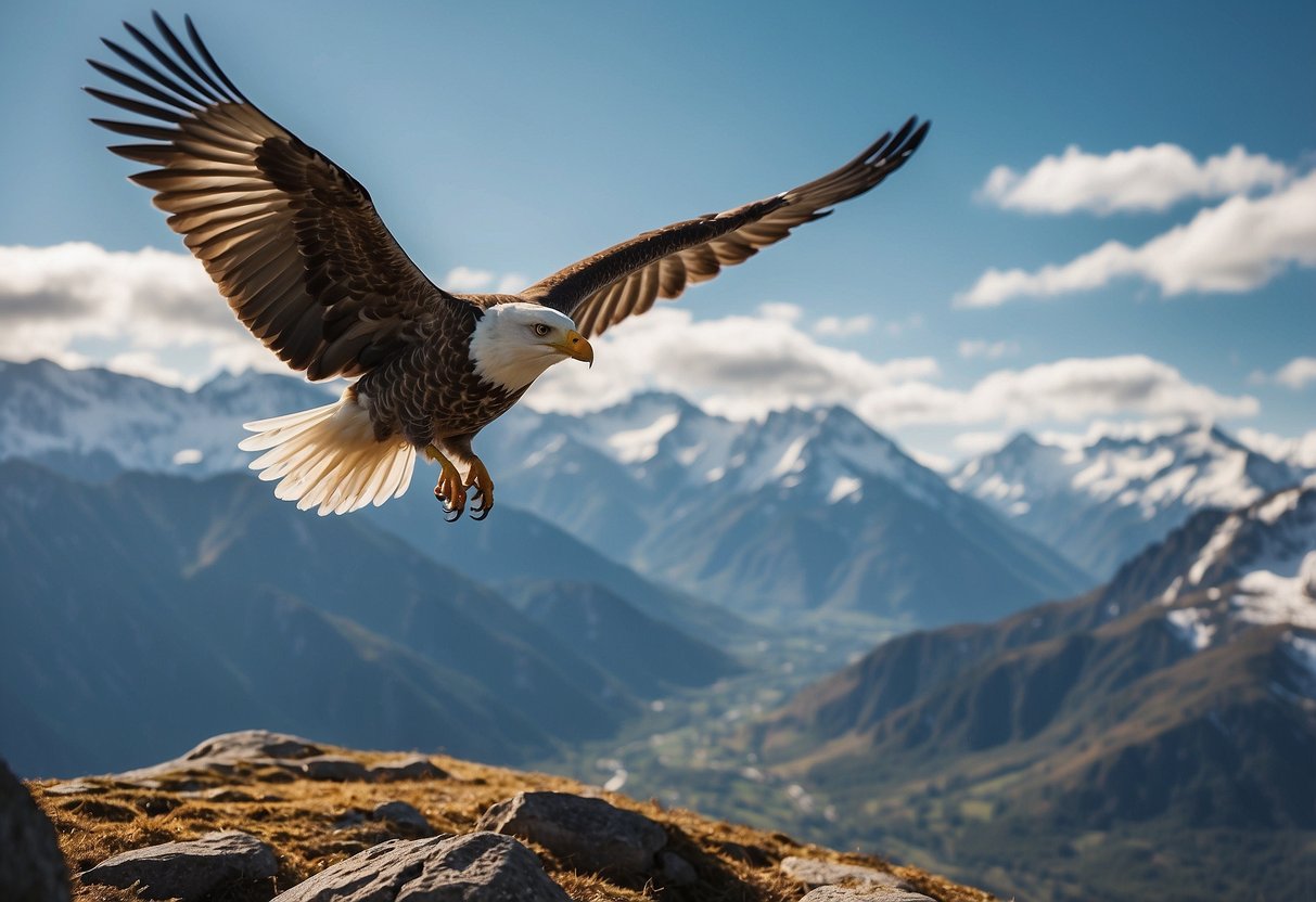 A mountainous landscape with a clear blue sky, snow-capped peaks, and various species of birds soaring and perching among the rocky terrain