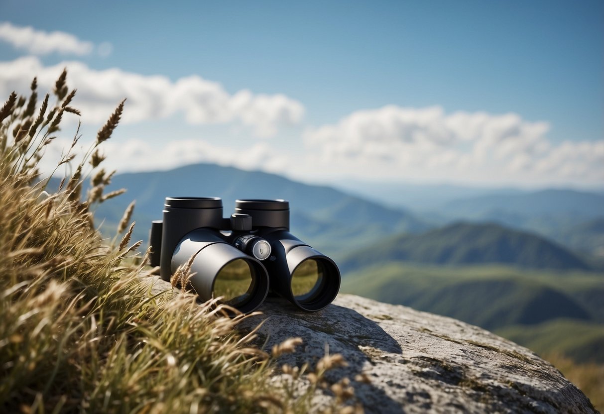 Sunny mountain peak, binoculars and bird guide on rock. Wind blowing through grass, clear blue sky