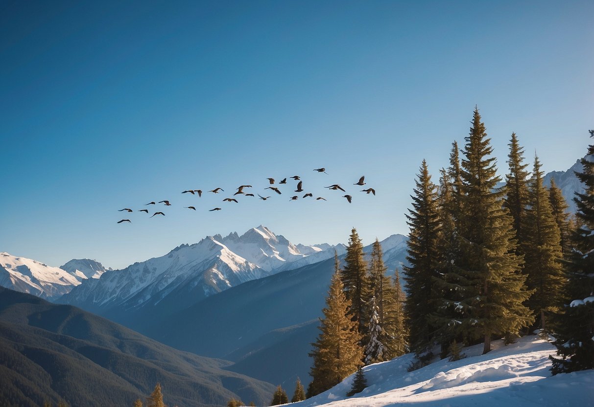 Birds soar above snow-capped peaks, against a clear blue sky. Altitude-specific flora and terrain are visible in the background