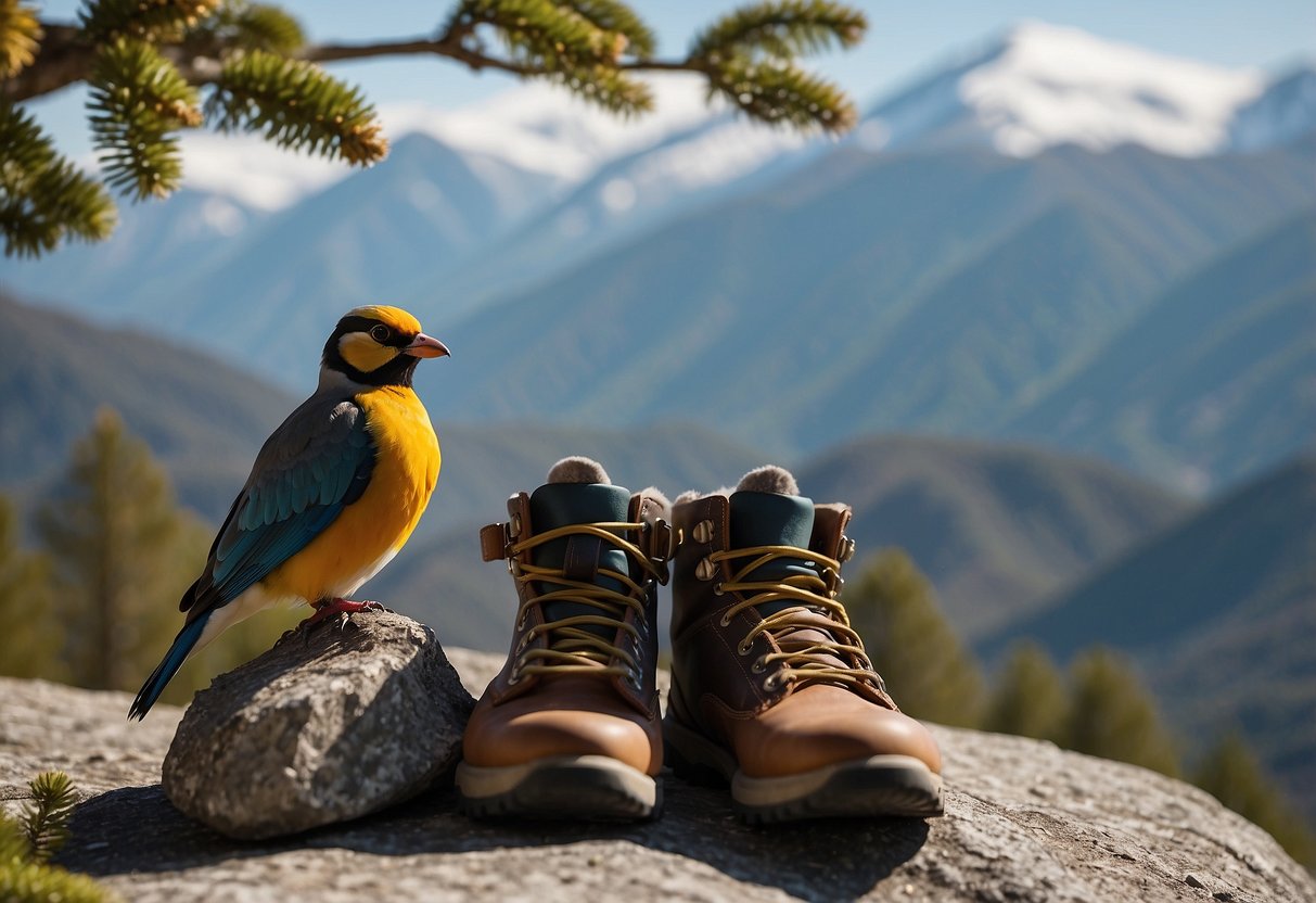 Binoculars, hiking boots, and a warm jacket lay on a rocky ledge. Snow-capped mountains loom in the background, while a colorful bird perches on a nearby branch