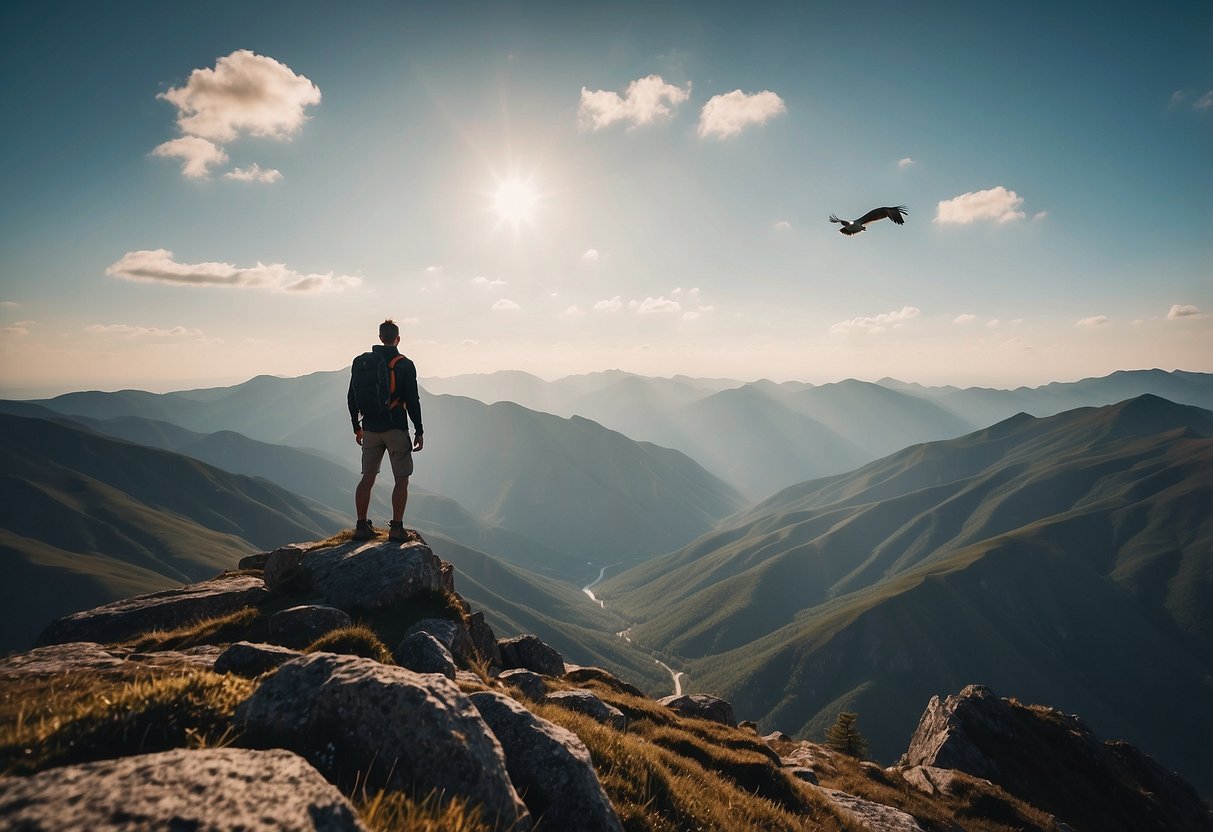 Birds soar over rugged mountain peaks, as a hiker carefully observes from a safe distance. The air is thin, but the view is breathtaking