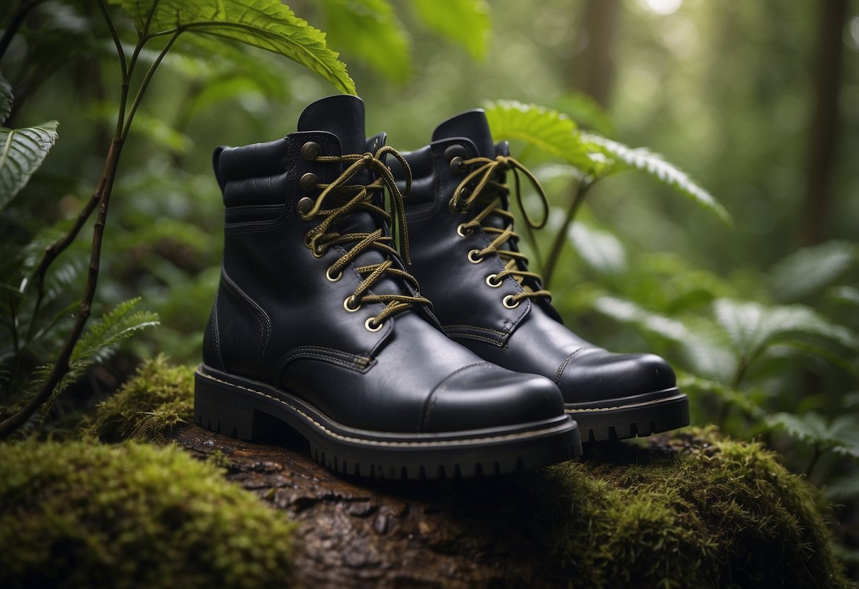 A pair of sturdy, waterproof boots with thick soles and ankle support, surrounded by lush foliage and perched on a branch, with binoculars nearby