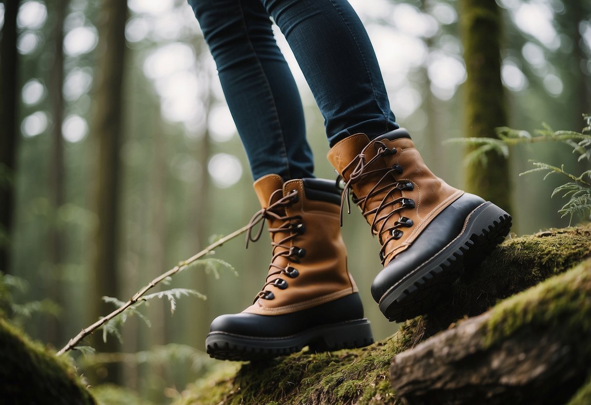 A pair of Danner Women's High Ground boots surrounded by nature, with birds perched on branches and a comfortable, serene atmosphere