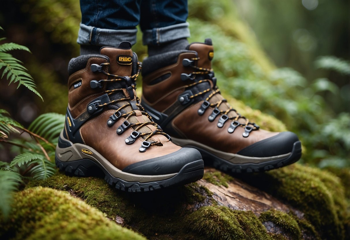 A pair of Keen Targhee III Waterproof boots surrounded by lush foliage and a variety of colorful birds perched nearby