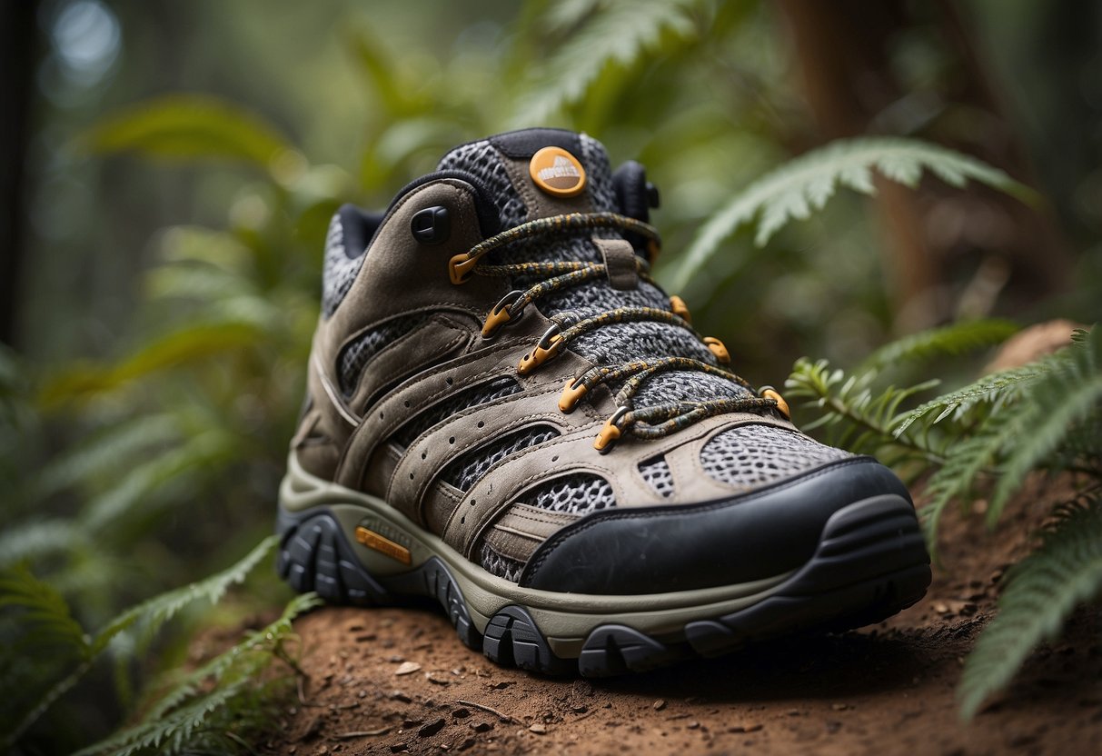 A pair of Merrell Moab 2 Vent Mid boots placed on a natural setting, surrounded by birds and foliage, showcasing comfort and suitability for bird watching