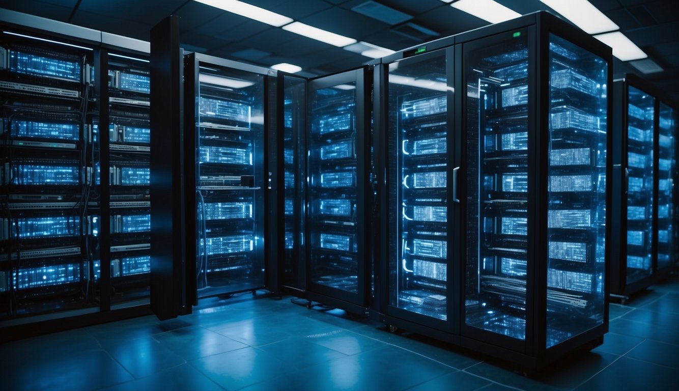 A sleek, modern server room filled with rows of powerful servers, each one hosting the top 30 WordPress sites. The room is bathed in a cool blue light, with cables neatly organized and humming with activity