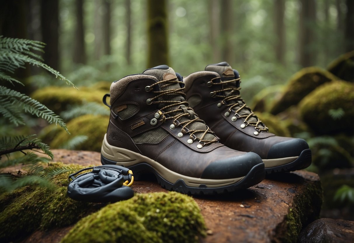 A pair of Columbia Newton Ridge Plus Waterproof boots placed on a natural background, surrounded by various bird-watching accessories