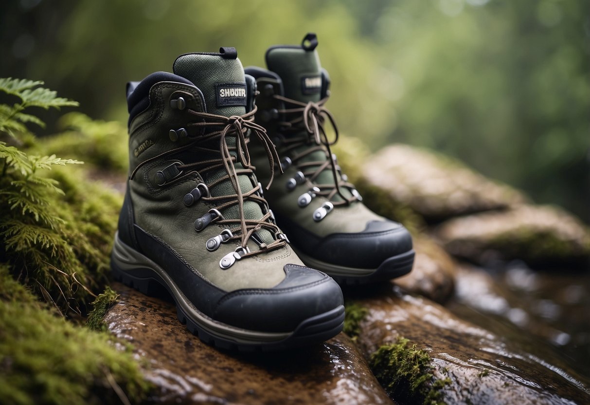 A pair of sturdy, waterproof hiking boots surrounded by bird watching gear and a tranquil natural setting