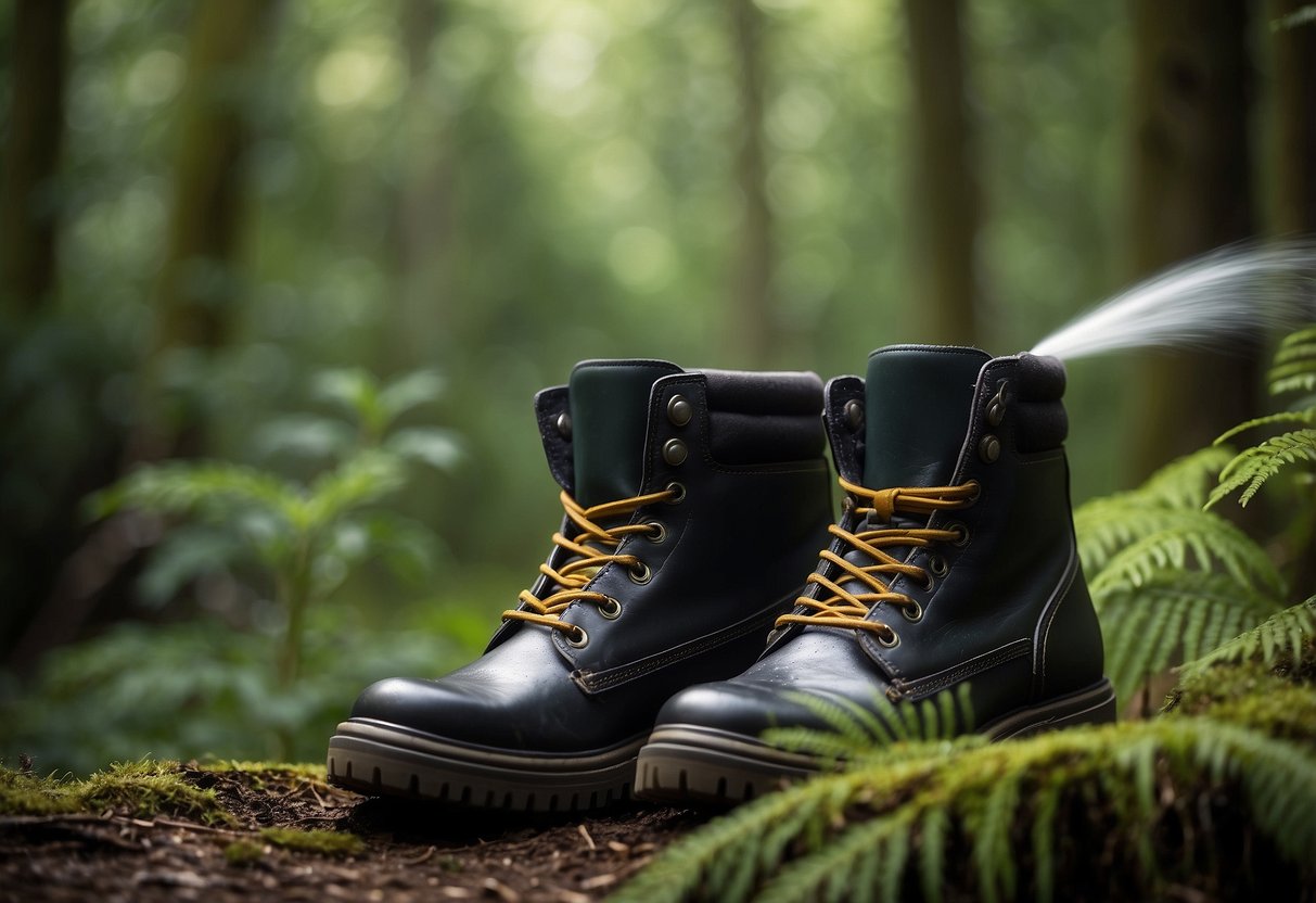 A pair of sturdy, comfortable bird watching boots sit next to a brush and waterproofing spray, surrounded by a lush forest backdrop