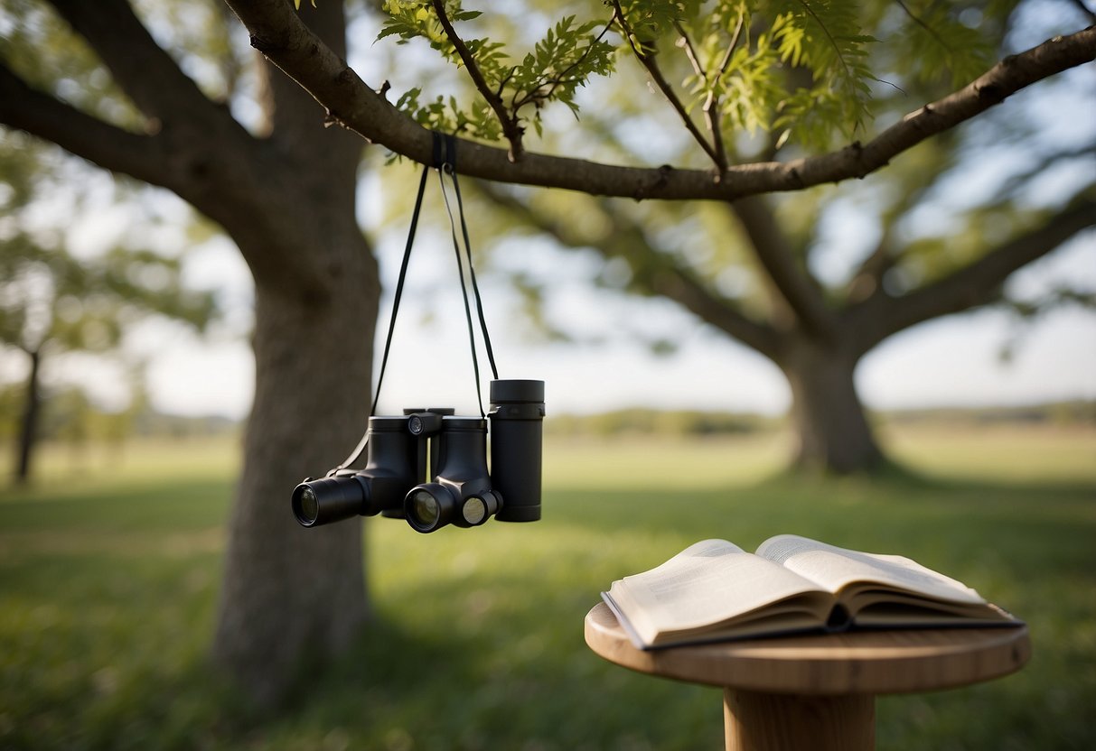 Bird watching gear laid out: binoculars, field guide, map, and notebook. A bird feeder hanging from a tree. A peaceful natural setting with various bird species in the distance