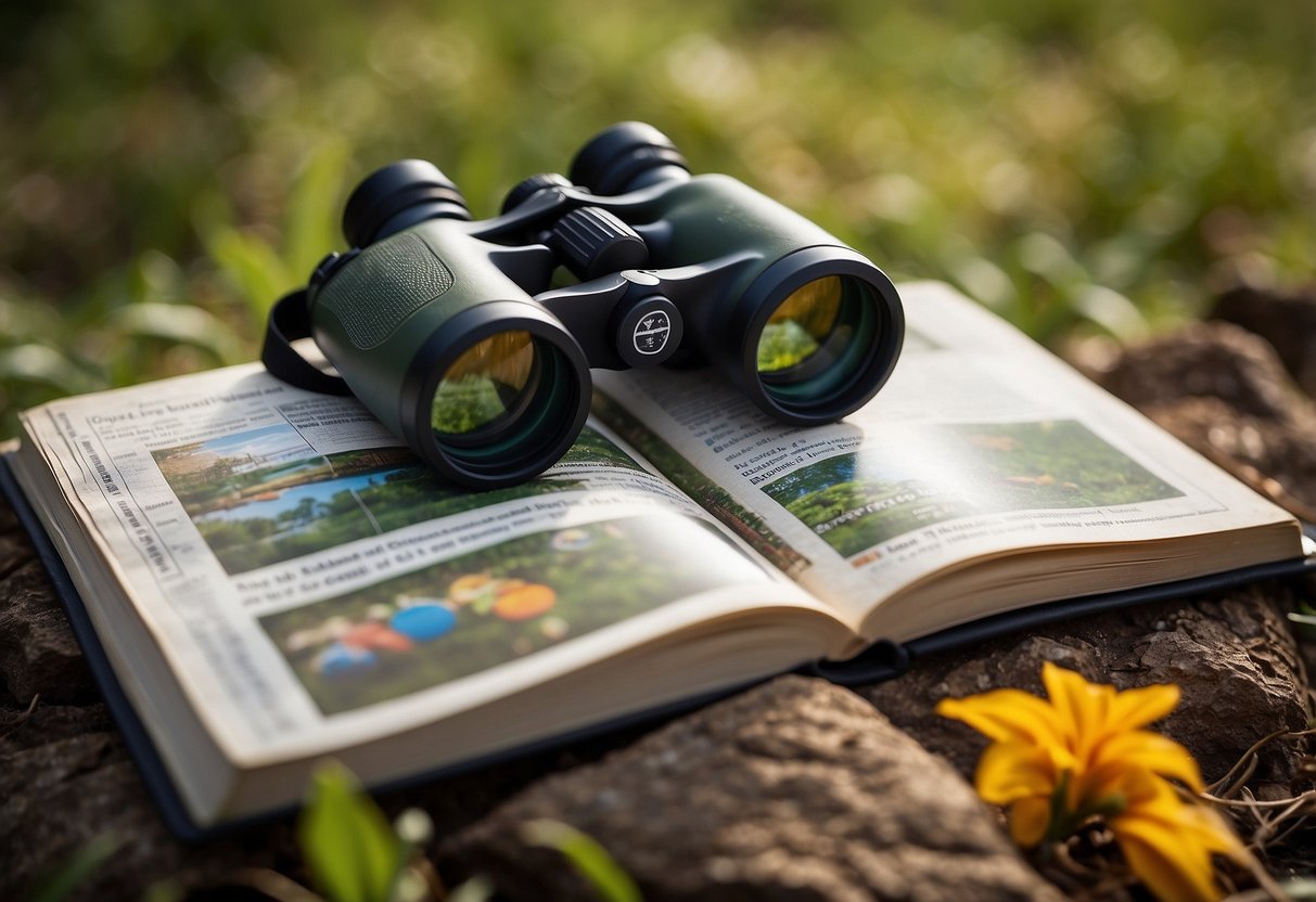 A pair of binoculars resting on a worn field guide, open to a page with detailed illustrations of various bird species. Nearby, a bird feeder attracts a colorful array of feathered visitors