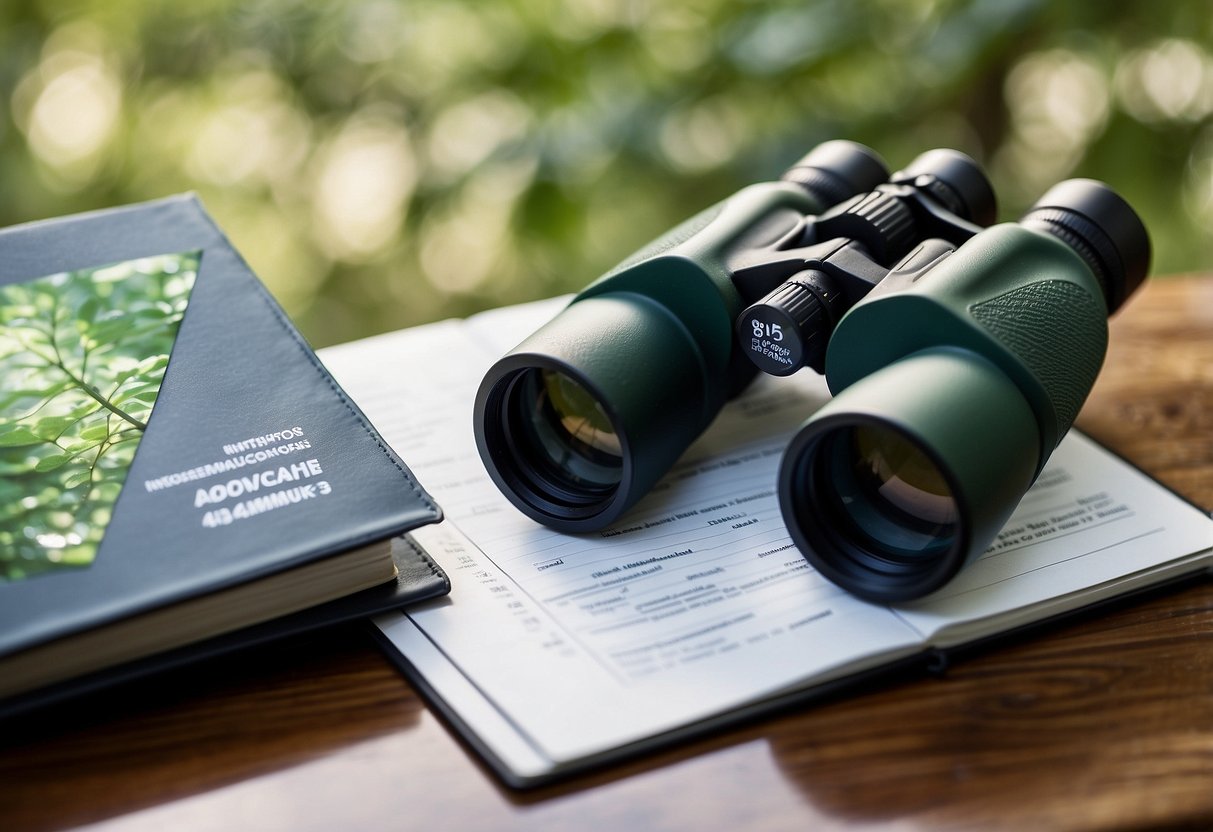 A pair of binoculars with adjustable magnification sits on a wooden table next to a bird identification guide and a notebook. The window behind them shows a lush forest with various bird species perched on branches