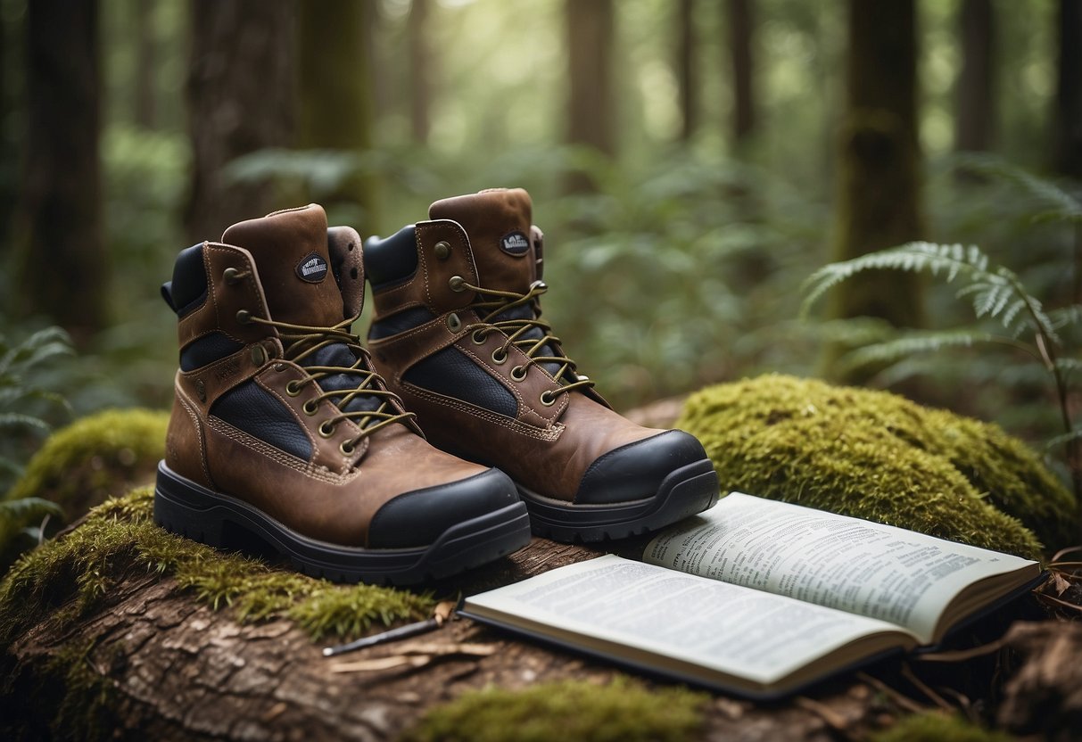 A pair of sturdy hiking boots surrounded by binoculars, field guide, and a birding journal on a forest floor