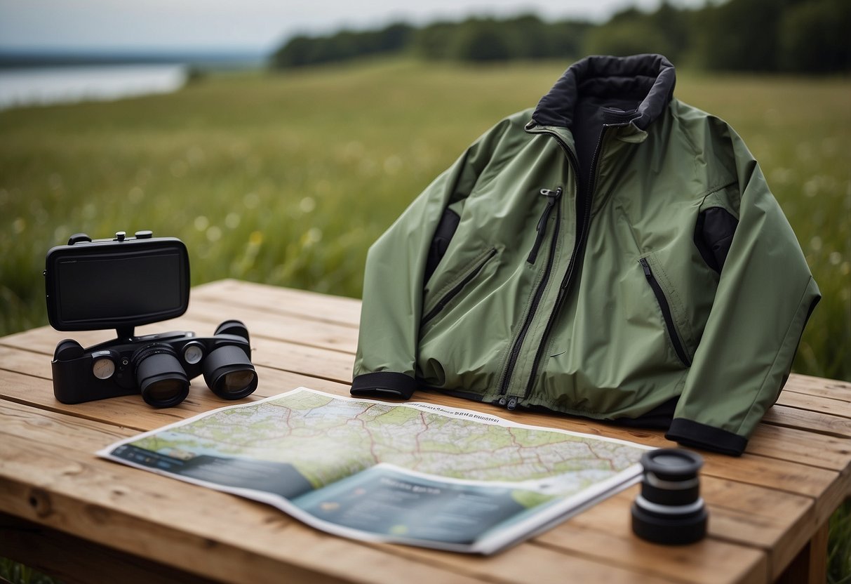 A lightweight waterproof jacket hangs on a hook, surrounded by binoculars, a field guide, and a map. The scene is set for safe bird watching