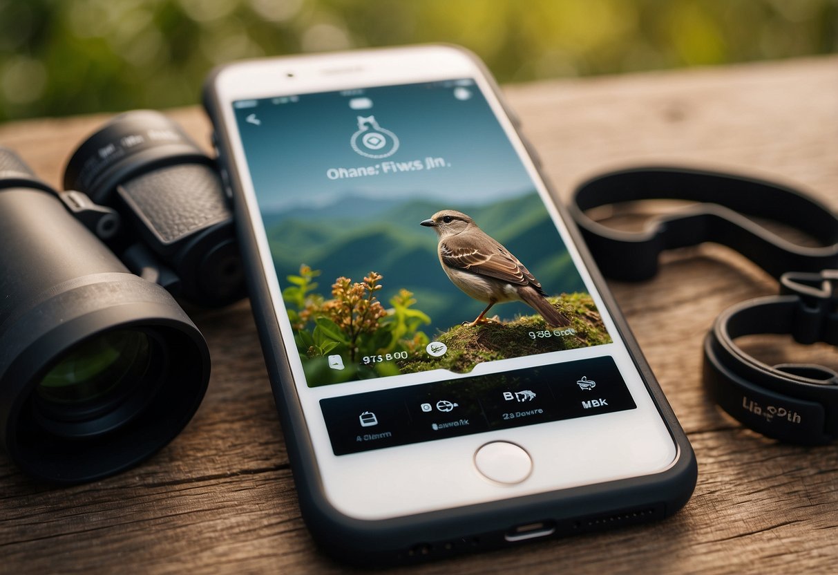 A smartphone with a bird identification app open, displaying various bird species and their names. Binoculars and a field guide book are nearby