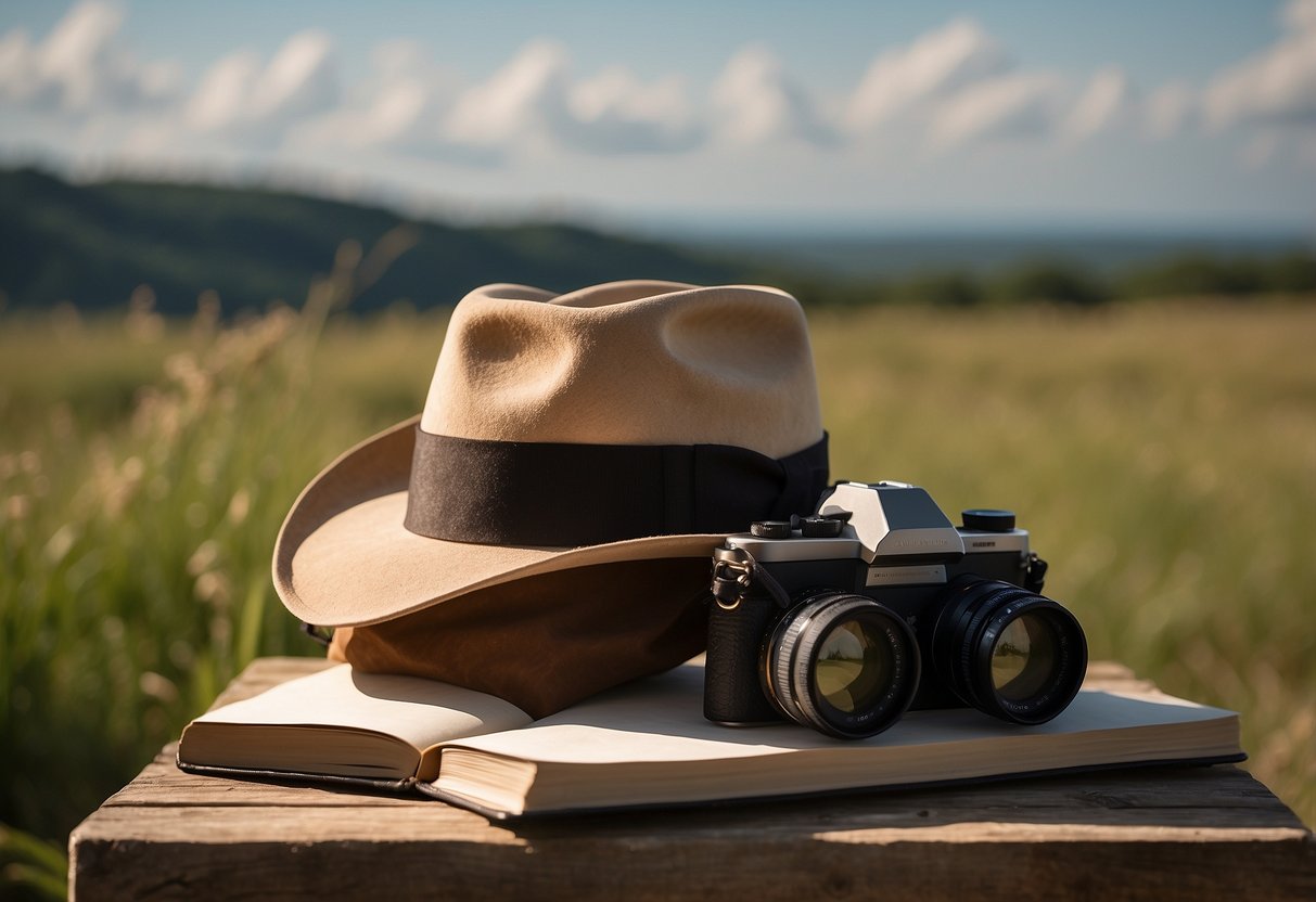 A wide-brimmed hat rests on a wooden bird-watching perch, surrounded by binoculars, field guide, and a notebook