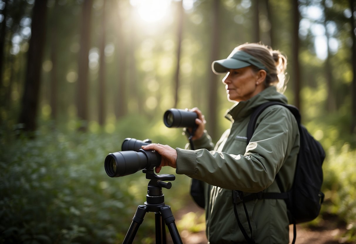 A birdwatcher sprays insect repellent on their clothing before heading into the forest. Binoculars and field guide lay nearby