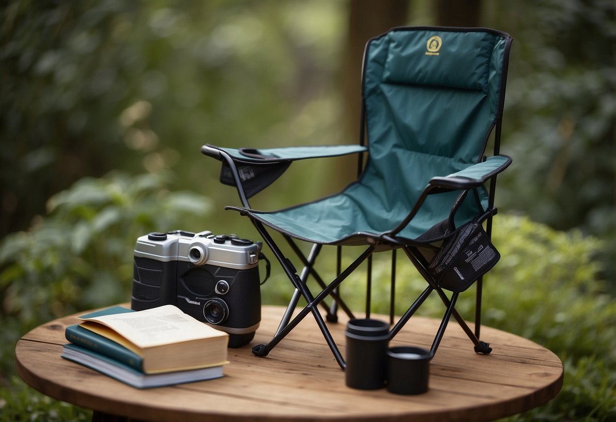 A foldable camping chair surrounded by binoculars, bird guidebooks, and a nature journal. A bird feeder hangs nearby, attracting various species