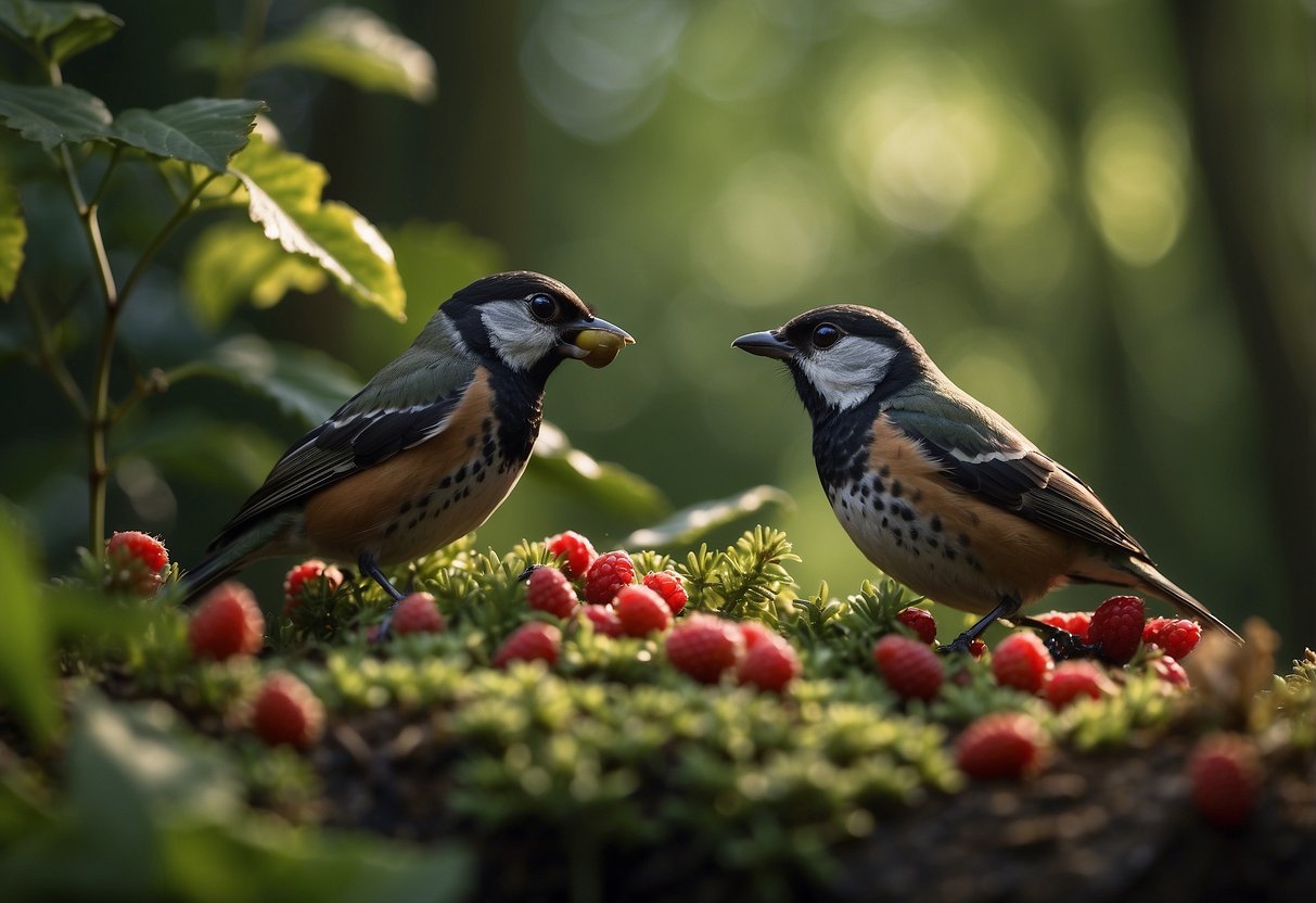 Birds snacking on seeds and berries in a lush, green forest. A birdwatcher observes from a safe distance, binoculars in hand