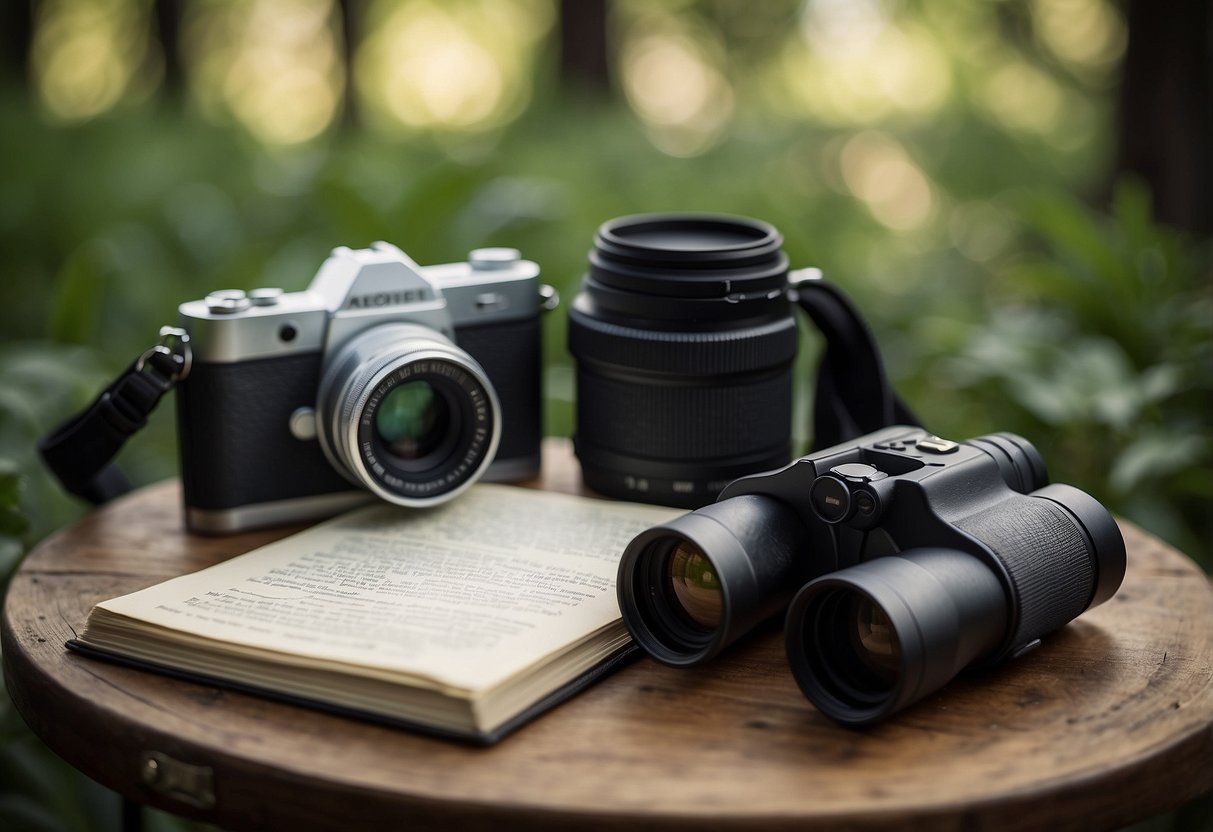 A table with binoculars, field guide, camera, and notebook. Surrounding environment with trees, birds, and natural elements