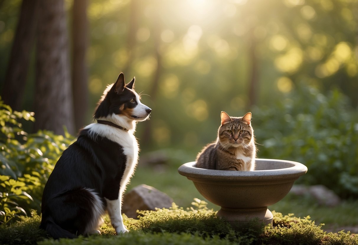 A dog and cat sit quietly beside a person with binoculars, observing birds in a lush, wooded area. Bird feeders and a birdbath are nearby