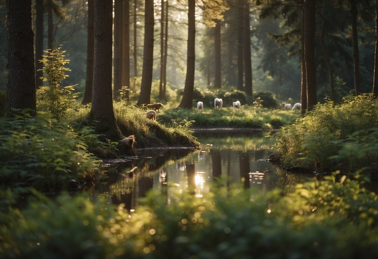 A peaceful forest clearing, with a small pond and tall trees. Birds flit among the branches, while a dog and cat watch from a safe distance