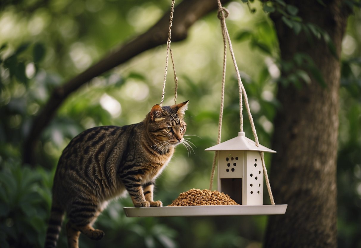 A bird feeder hanging from a tree, surrounded by lush green foliage. A cat sits nearby, watching intently. A dog lays in the grass, alert and curious