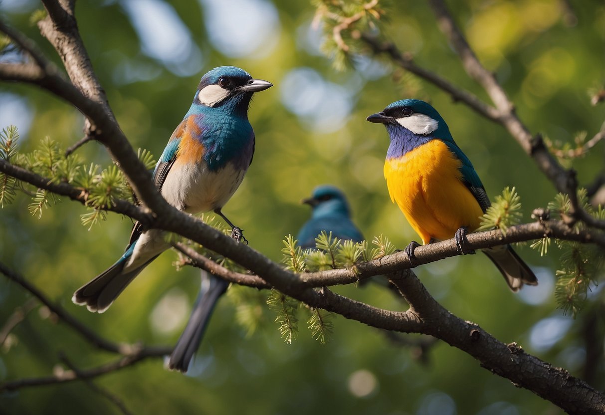 Brightly colored birds perched on branches, while pets on leashes and in carriers watch attentively. Trees and foliage create a natural backdrop