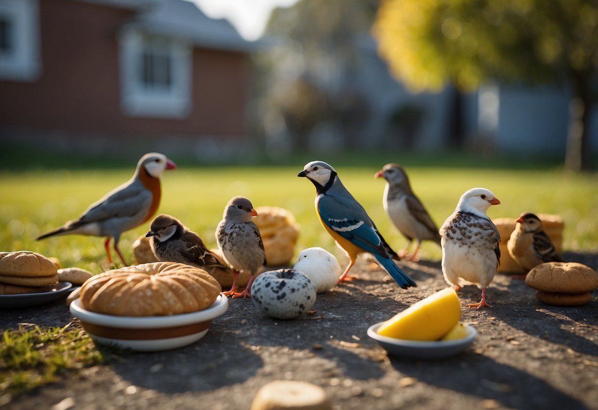 A variety of treats scattered on the ground, surrounded by colorful birds and curious pets watching from a safe distance