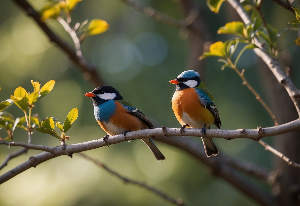 Colorful birds perched on branches, while pets watch attentively. A serene setting with a gentle breeze and clear skies