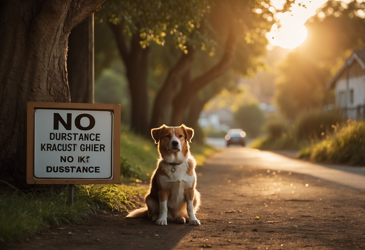 A dog sits quietly next to a birdwatcher, both gazing at a tree. A "No Disturbance" sign is posted nearby. The sun is setting, casting a warm glow on the scene