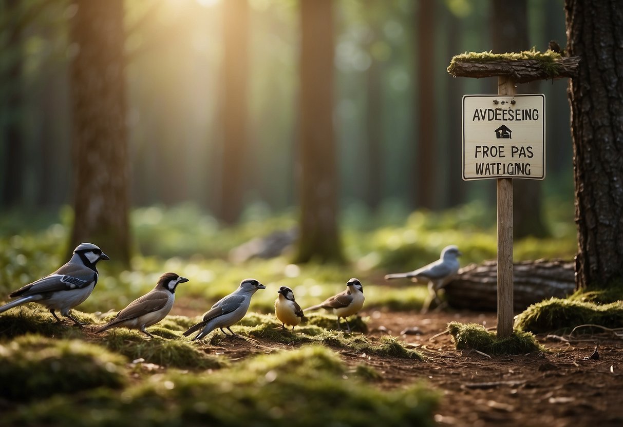 A serene forest clearing with various bird species perched on branches and feeding on the ground, while a sign with "Avoid Feeding Wildlife 7 Tips for Bird Watching with Pets" is prominently displayed