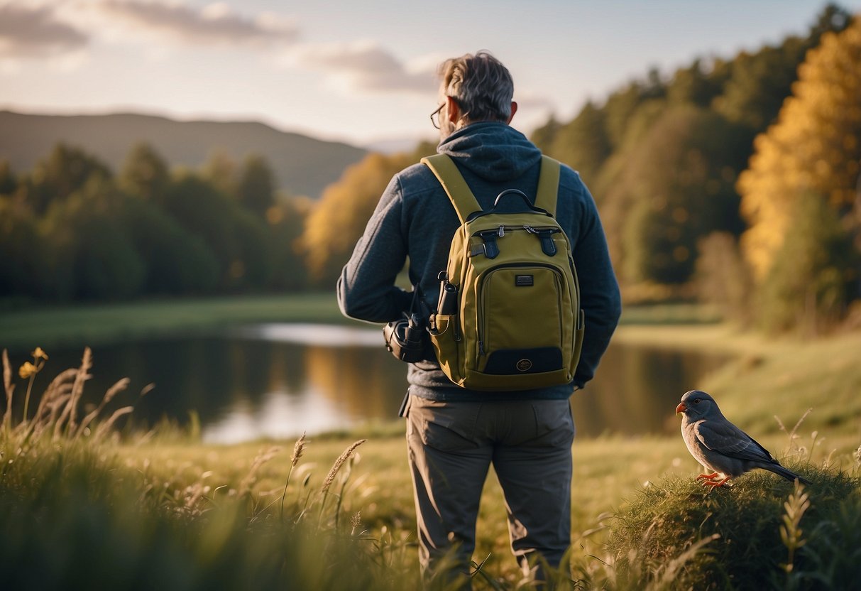 A person and their pet bird watch from a safe distance, surrounded by nature. The pet is on a leash or in a secure carrier. The person has binoculars and a field guide for identification