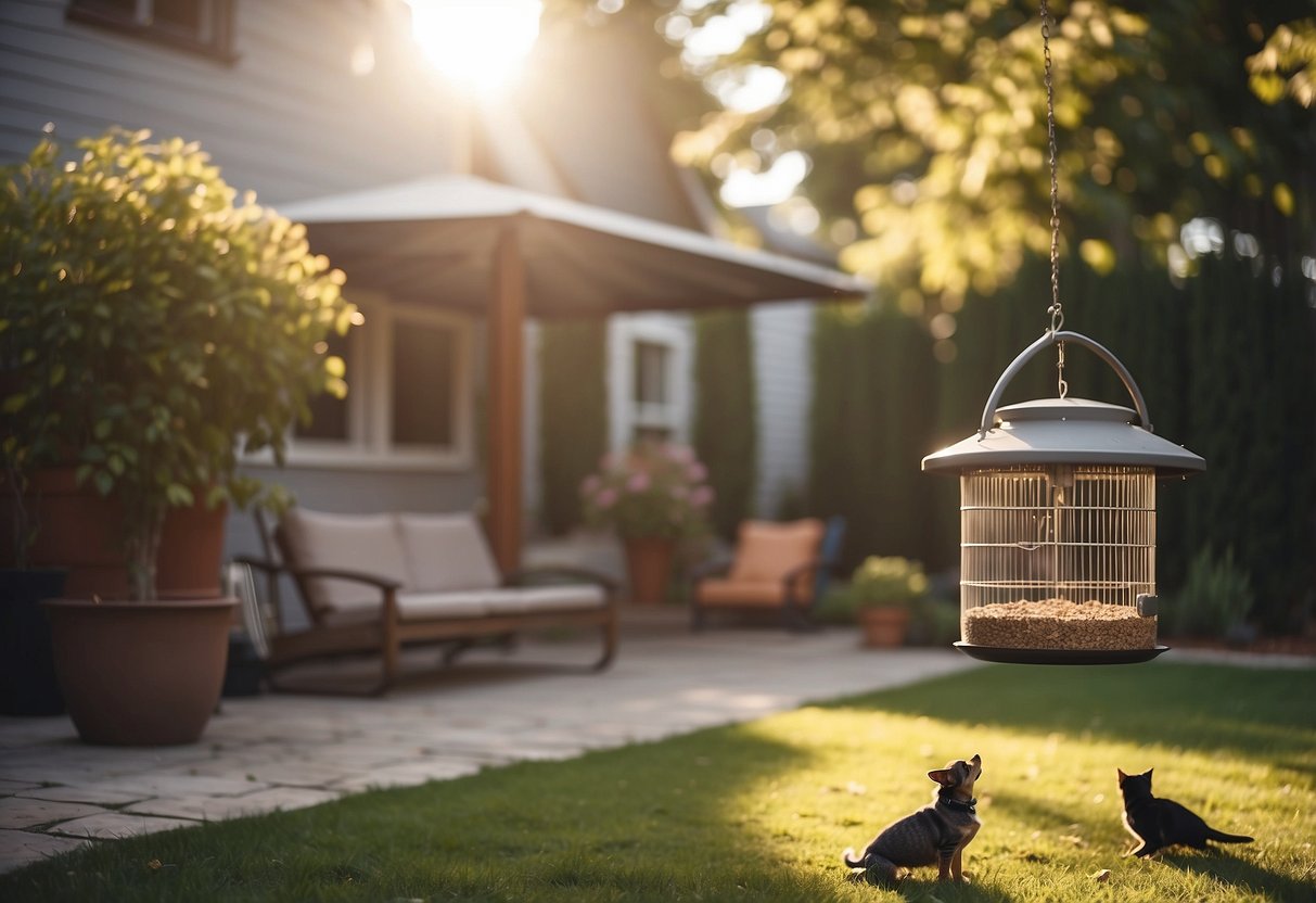 A cozy backyard with bird feeders, pet-friendly seating, and a shallow birdbath. Colorful birds flit around, while a dog and cat peacefully observe from the comfort of their beds