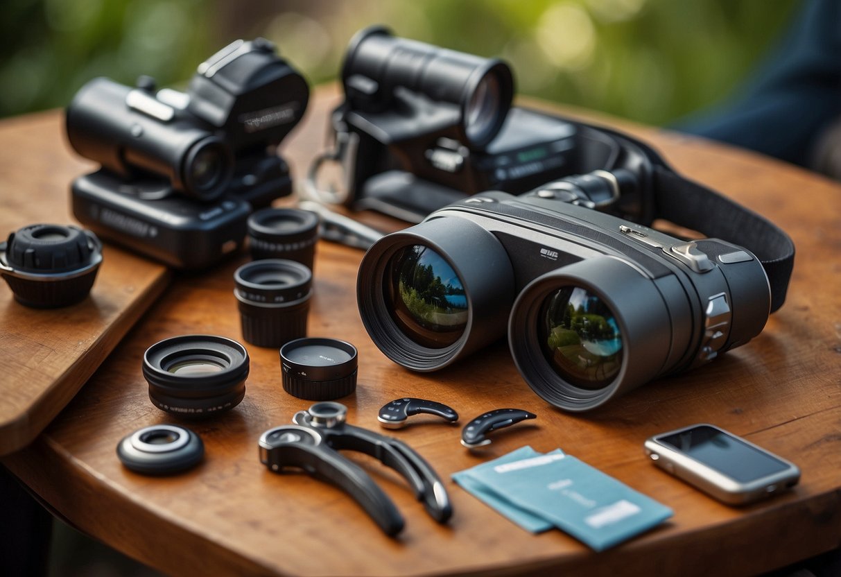 A table displaying 5 multi-tools, each with various bird-watching features such as binoculars, magnifying glass, bird call, and camera attachment