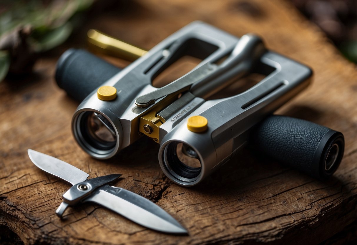 A bird watcher's hand holds a Victorinox multi-tool, with binoculars and a bird guide nearby. The tool includes a knife, screwdriver, and tweezers