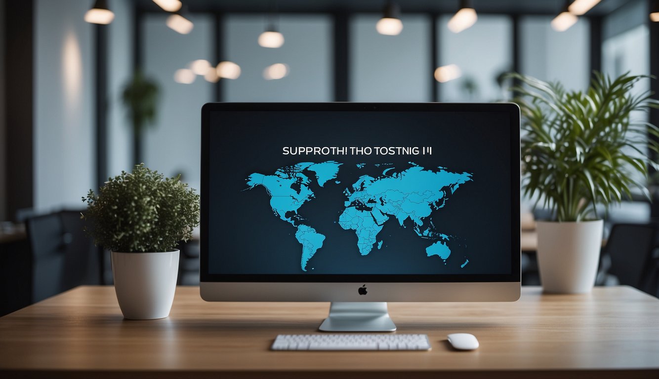 A computer screen displays the words "SupportHost I 30 Migliori Hosting WordPress" with a sleek and modern design. The background is a clean and professional office setting with minimalistic decor