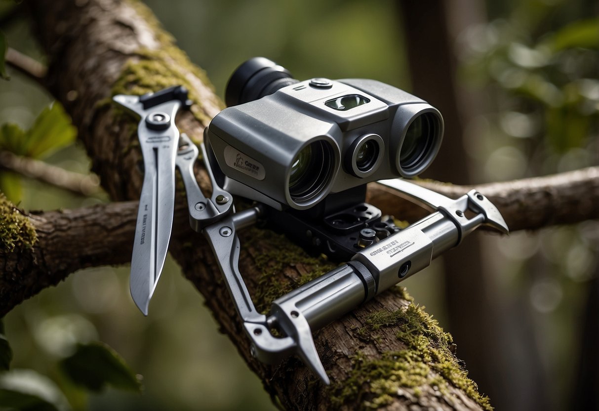 A Gerber Truss Multi-Tool lies open on a tree branch, with a pair of binoculars and a field guide nearby. The tool features various blades, screwdrivers, and pliers, making it an essential accessory for bird watchers