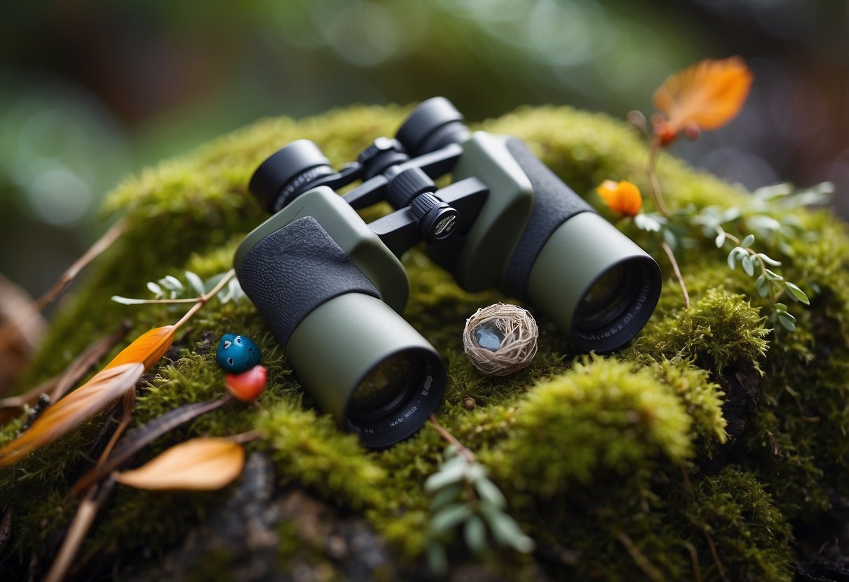 A pair of binoculars and a field guide lay on a moss-covered rock, surrounded by colorful feathers and a small bird's nest