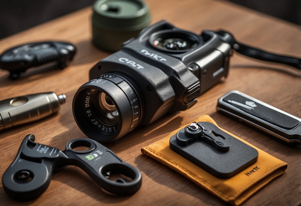 A bird watcher's hand holding a CRKT Technician 5 multi-tool, with binoculars and a field guide laid out on a wooden table