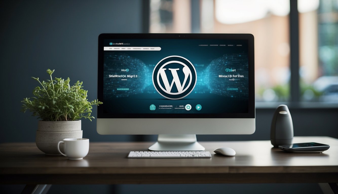 A computer screen displays the "Shellrent I 30 Migliori Hosting WordPress" website. The logo is prominent, with clean and modern design elements throughout the page