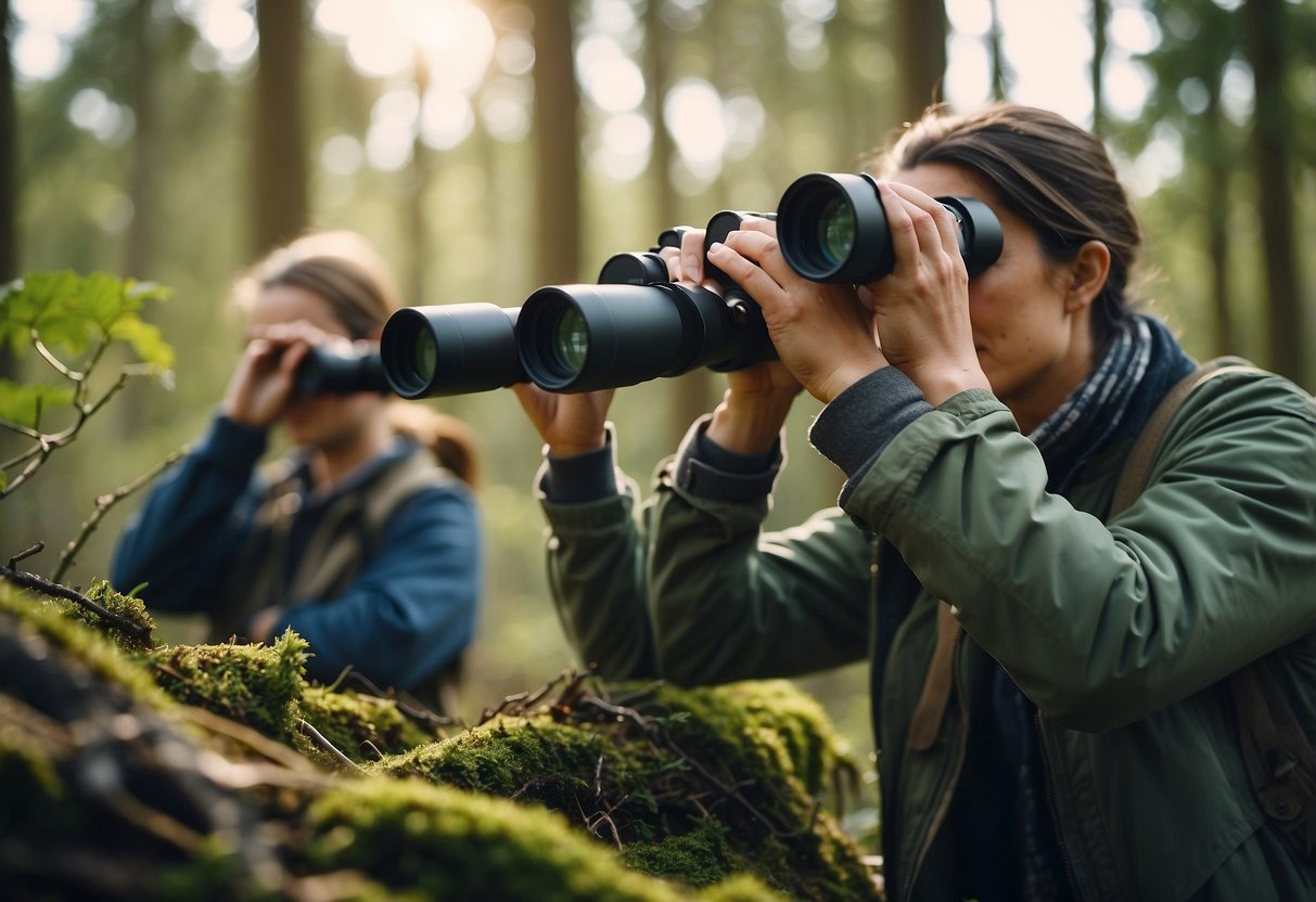 Bird watchers using multi-tools to adjust binoculars, cut branches, and open containers in a forest setting