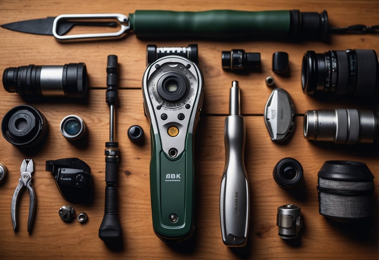 A multi-tool with various functions laid out on a wooden table, surrounded by bird watching equipment and a field guide